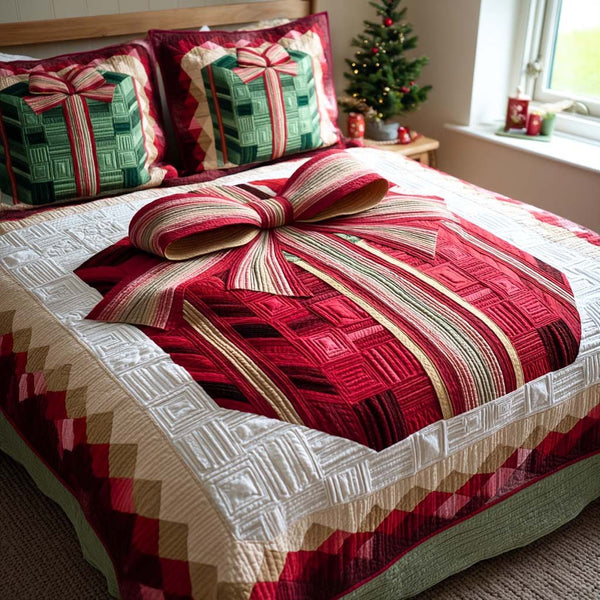 Festive Jewel Box quilted 3-piece bedding set on a made bed in a winter-styled bedroom