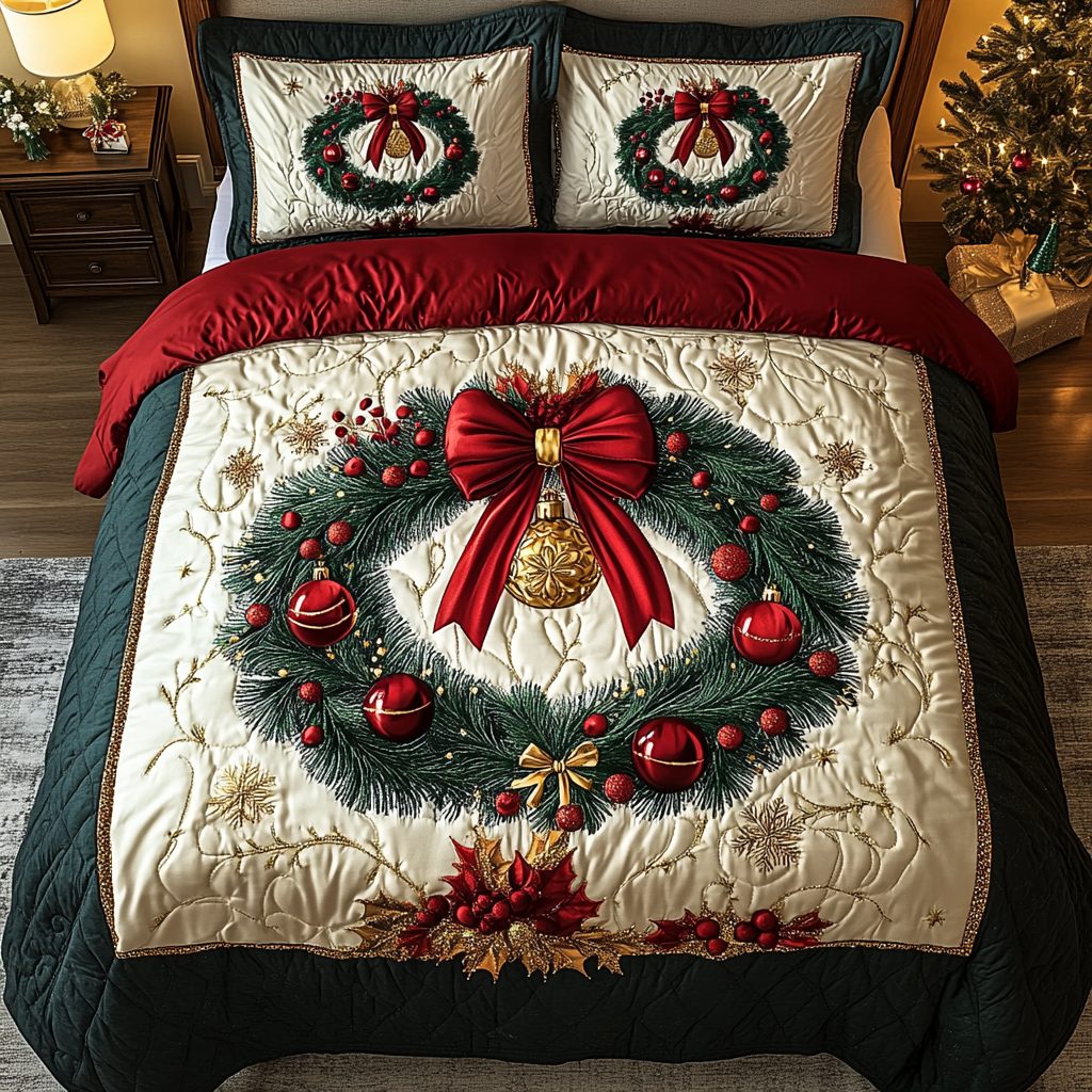 Festive Jewel Elegance quilted 3-piece bedding set on a made bed in a winter-styled bedroom