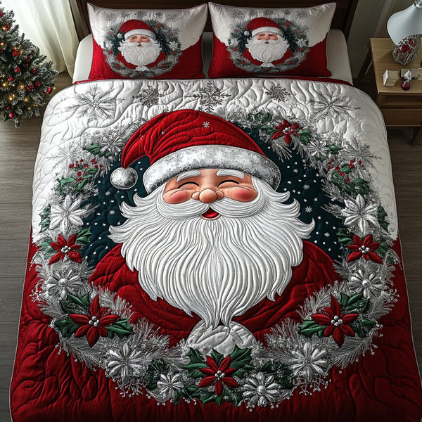Festive Joy quilted 3-piece bedding set on a made bed in a winter-styled bedroom