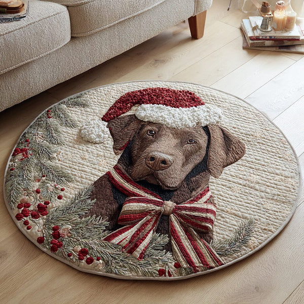Festive Labrador Retriever Quilted Round Mat quilted 3-piece bedding set on a made bed in a winter-styled bedroom