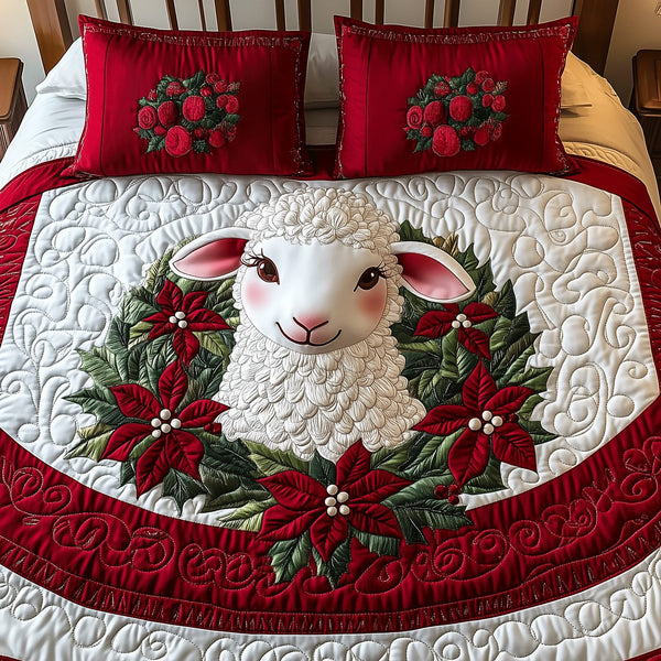 Festive Lamb Dreams quilted 3-piece bedding set on a made bed in a winter-styled bedroom