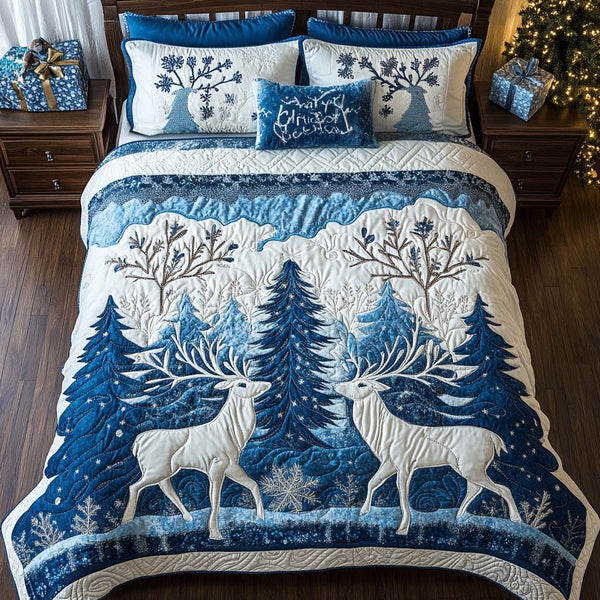 Festive Lights quilted 3-piece bedding set on a made bed in a winter-styled bedroom