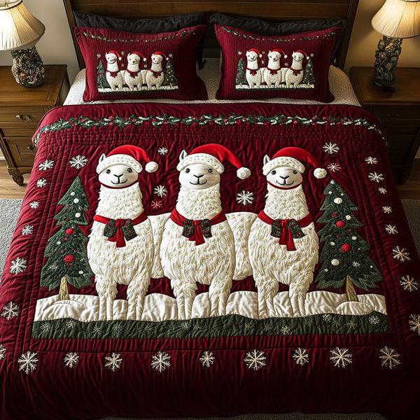 Festive Llamas quilted 3-piece bedding set on a made bed in a winter-styled bedroom
