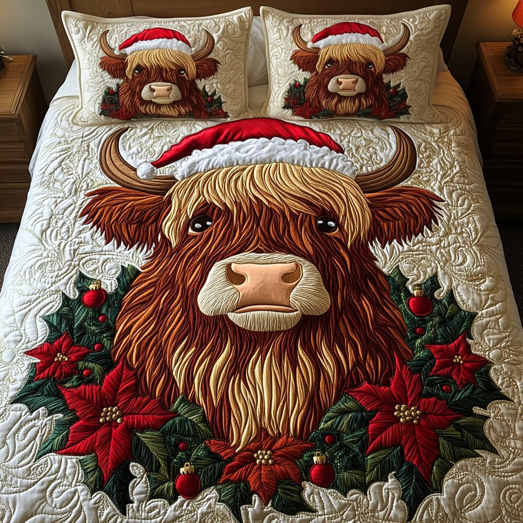 Festive Moo quilted 3-piece bedding set on a made bed in a winter-styled bedroom