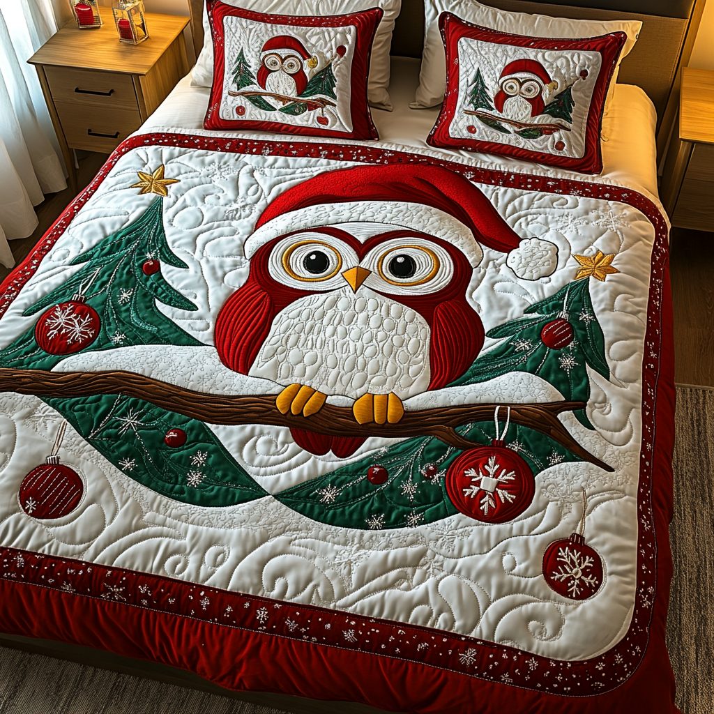 Festive Nest quilted 3-piece bedding set on a made bed in a winter-styled bedroom