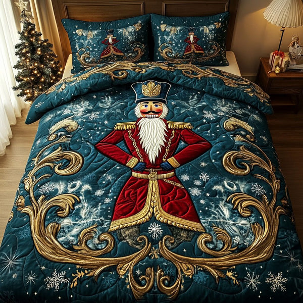 Festive Nutcracker Delight quilted 3-piece bedding set on a made bed in a winter-styled bedroom