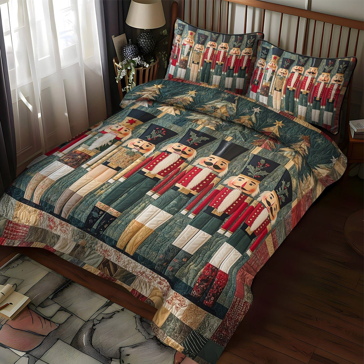 Festive Nutcracker quilted 3-piece bedding set on a made bed in a winter-styled bedroom