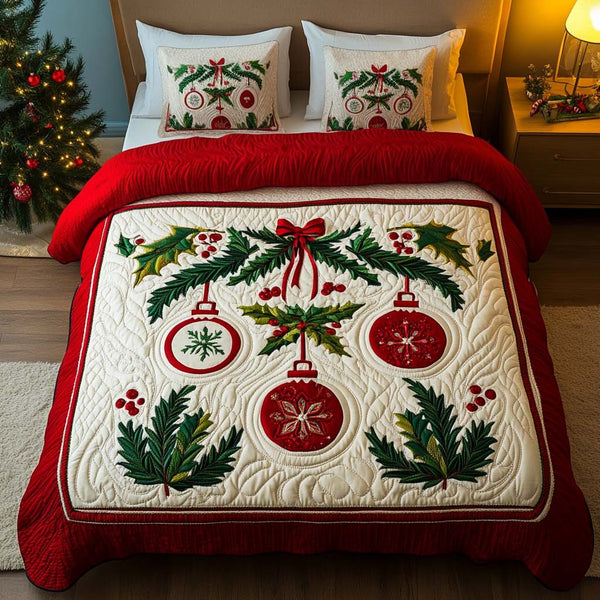 Festive Ornaments quilted 3-piece bedding set on a made bed in a winter-styled bedroom