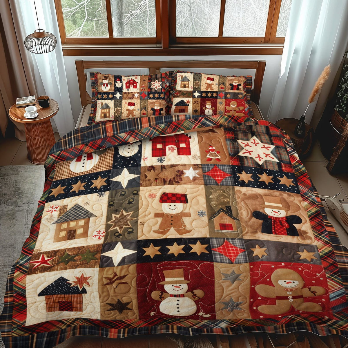 Festive Patchwork quilted 3-piece bedding set on a made bed in a winter-styled bedroom