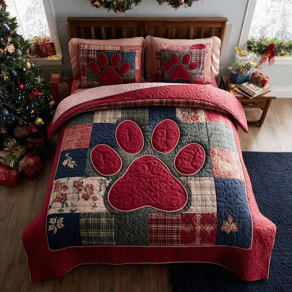 Festive Paw quilted 3-piece bedding set on a made bed in a winter-styled bedroom