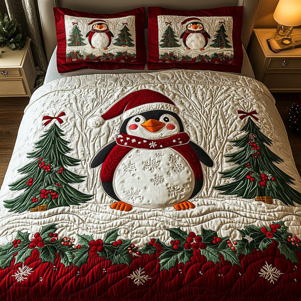 Festive Penguin quilted 3-piece bedding set on a made bed in a winter-styled bedroom