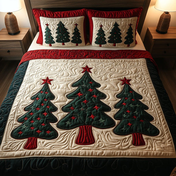 Festive Pine quilted 3-piece bedding set on a made bed in a winter-styled bedroom