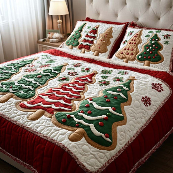 Festive Pines quilted 3-piece bedding set on a made bed in a winter-styled bedroom