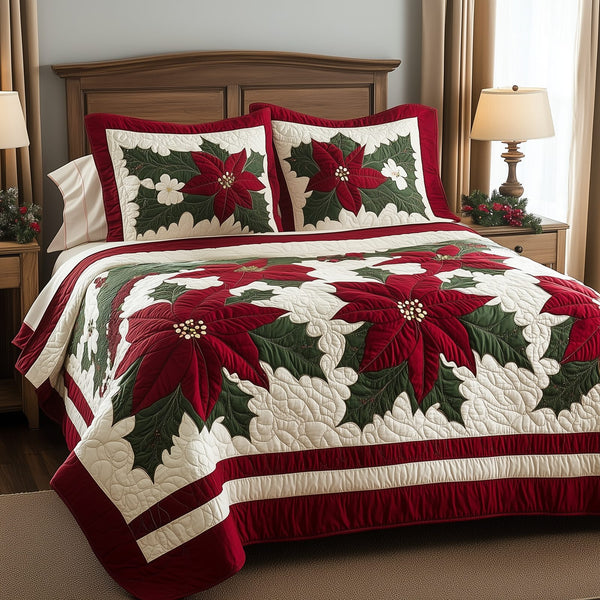 Festive Poinsettia quilted 3-piece bedding set on a made bed in a winter-styled bedroom