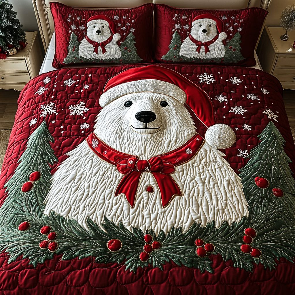 Festive Polar Bear quilted 3-piece bedding set on a made bed in a winter-styled bedroom