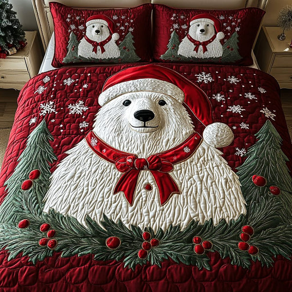 Festive Polar Bear quilted 3-piece bedding set on a made bed in a winter-styled bedroom