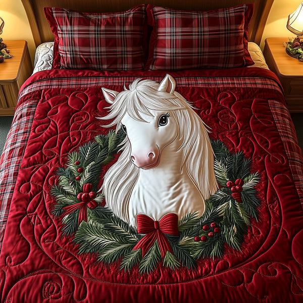 Festive Pony Dreams quilted 3-piece bedding set on a made bed in a winter-styled bedroom