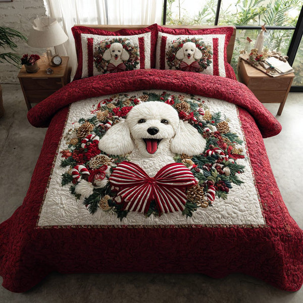 Festive Poodle quilted 3-piece bedding set on a made bed in a winter-styled bedroom