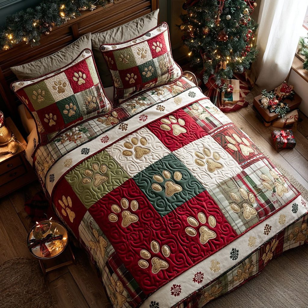 Festive Prints quilted 3-piece bedding set on a made bed in a winter-styled bedroom
