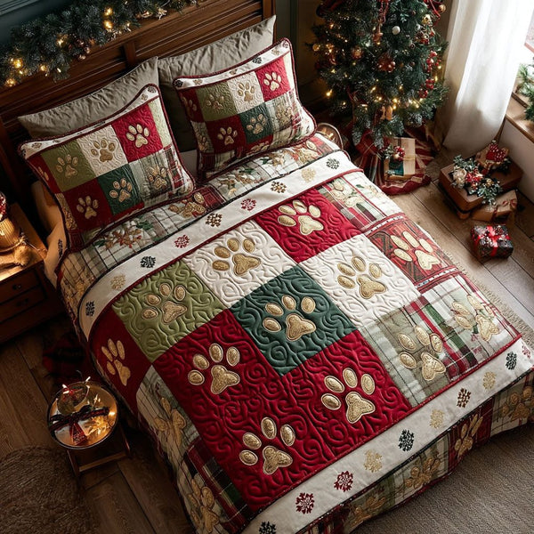 Festive Prints quilted 3-piece bedding set on a made bed in a winter-styled bedroom