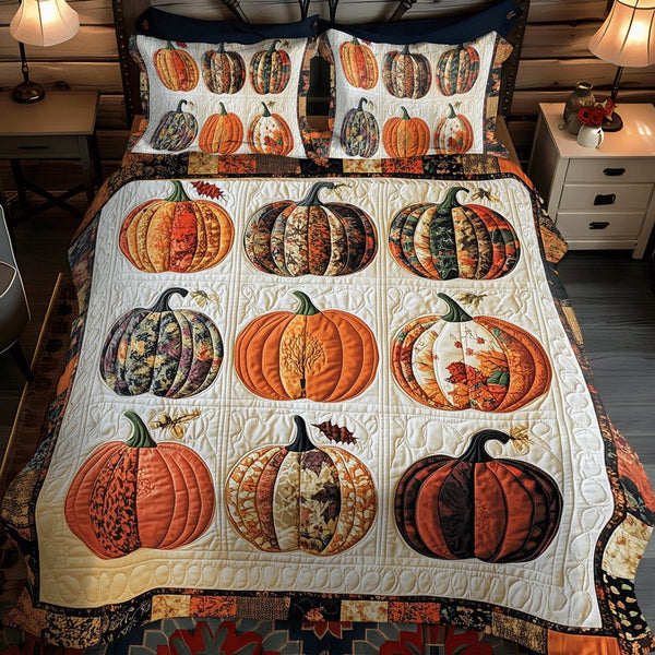 Festive Pumpkin quilted 3-piece bedding set on a made bed in a winter-styled bedroom