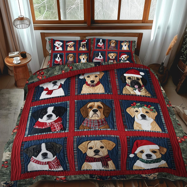 Festive Puppy Fun quilted 3-piece bedding set on a made bed in a winter-styled bedroom