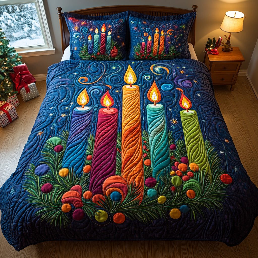 Festive Radiance quilted 3-piece bedding set on a made bed in a winter-styled bedroom