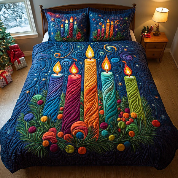 Festive Radiance quilted 3-piece bedding set on a made bed in a winter-styled bedroom