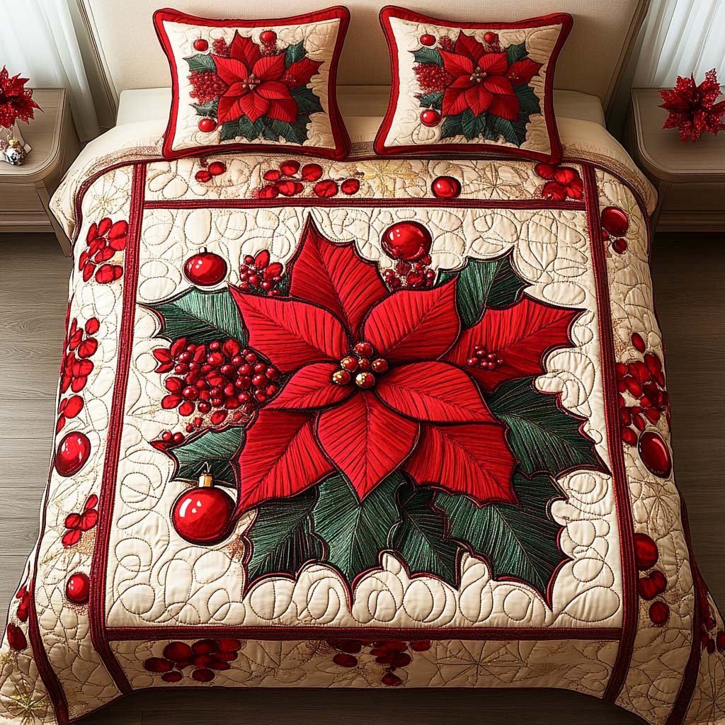 Festive Radiance quilted 3-piece bedding set on a made bed in a winter-styled bedroom