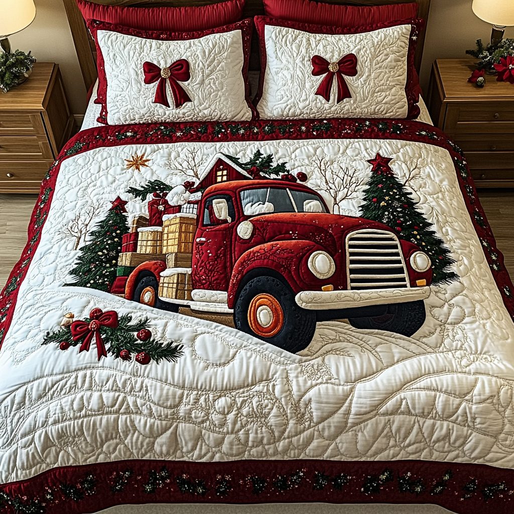 Festive Red Roadster quilted 3-piece bedding set on a made bed in a winter-styled bedroom