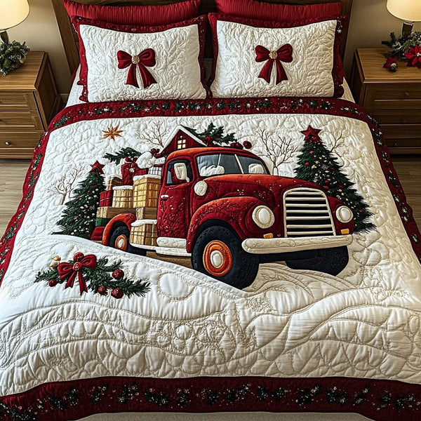 Festive Red Roadster quilted 3-piece bedding set on a made bed in a winter-styled bedroom