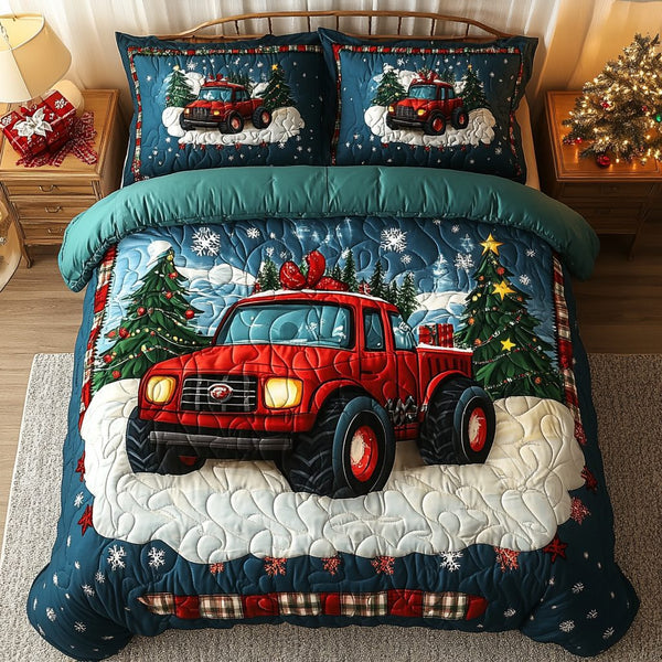 Festive Red Truck quilted 3-piece bedding set on a made bed in a winter-styled bedroom