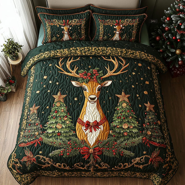 Festive Reindeer Forest quilted 3-piece bedding set on a made bed in a winter-styled bedroom