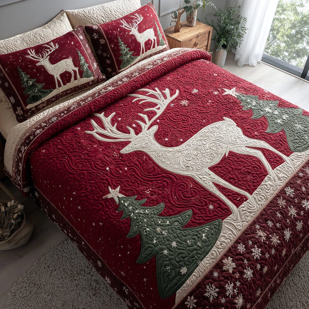 Festive Reindeer quilted 3-piece bedding set on a made bed in a winter-styled bedroom