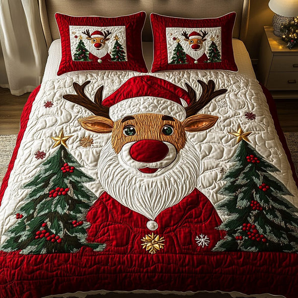 Festive Reindeer quilted 3-piece bedding set on a made bed in a winter-styled bedroom