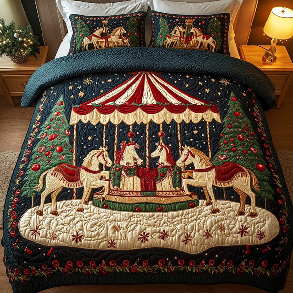 Festive Ride Delight quilted 3-piece bedding set on a made bed in a winter-styled bedroom