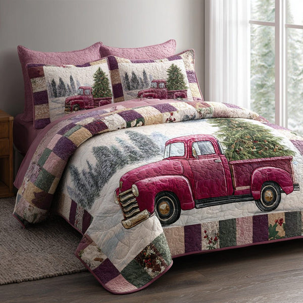 Festive Ride quilted 3-piece bedding set on a made bed in a winter-styled bedroom