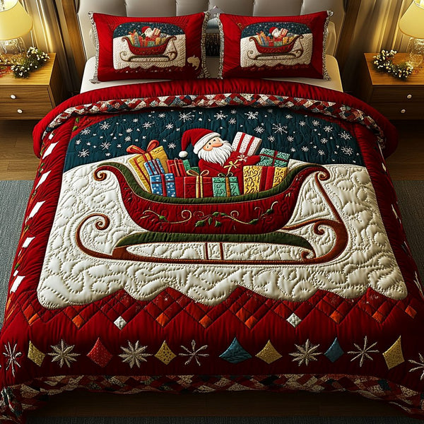 Festive Ride quilted 3-piece bedding set on a made bed in a winter-styled bedroom