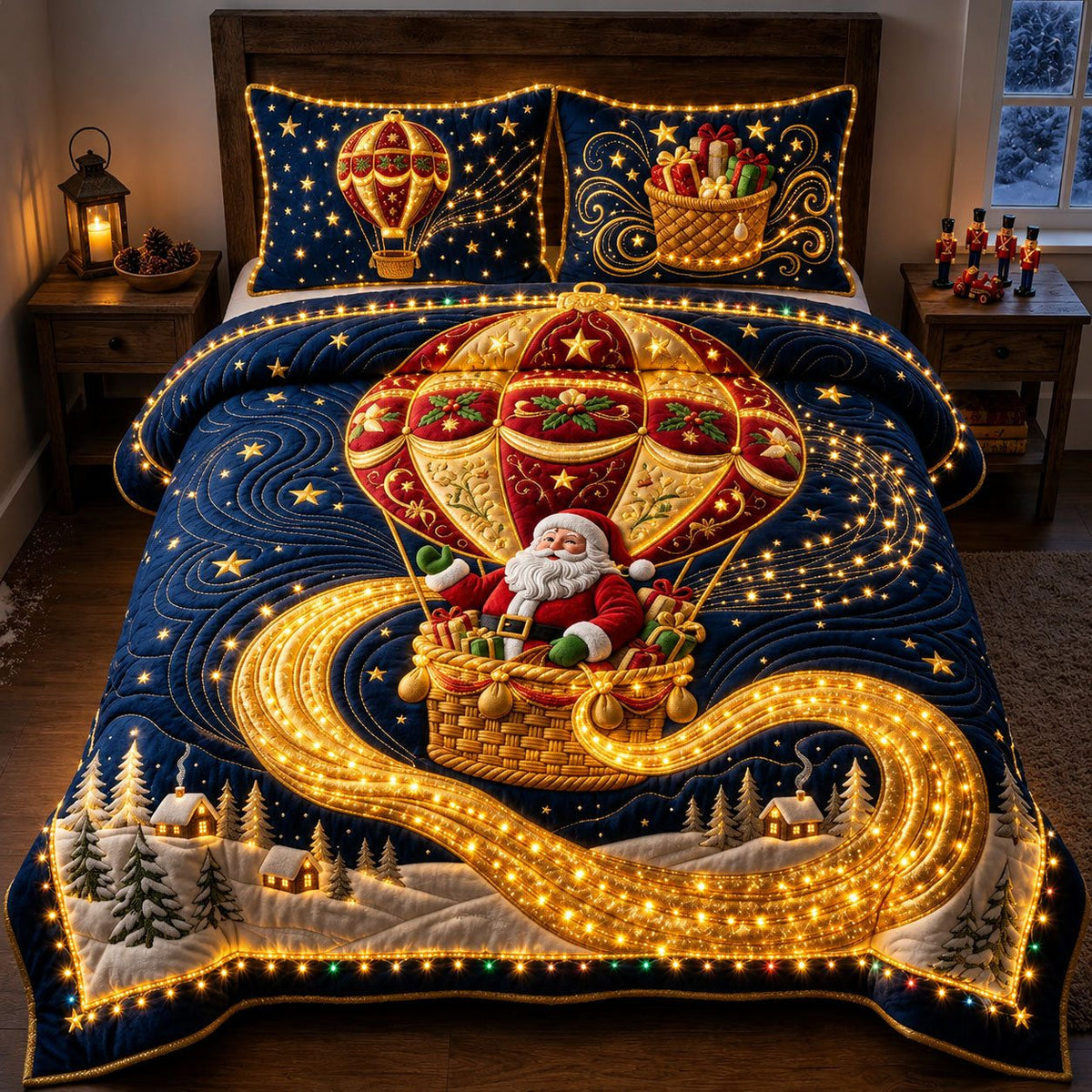 Festive Santa Balloon quilted 3-piece bedding set on a made bed in a winter-styled bedroom