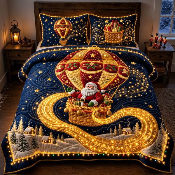 Festive Santa Balloon quilted 3-piece bedding set on a made bed in a winter-styled bedroom