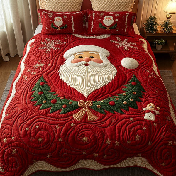 Festive Santa Joy quilted 3-piece bedding set on a made bed in a winter-styled bedroom