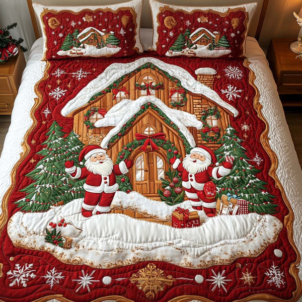 Festive Santa Magic quilted 3-piece bedding set on a made bed in a winter-styled bedroom