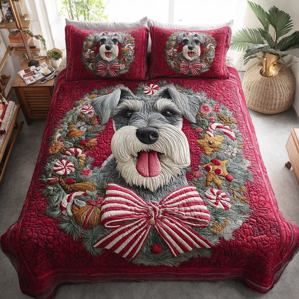 Festive Schnauzer Wreath quilted 3-piece bedding set on a made bed in a winter-styled bedroom