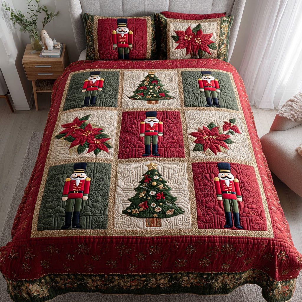 Festive Sentinel quilted 3-piece bedding set on a made bed in a winter-styled bedroom