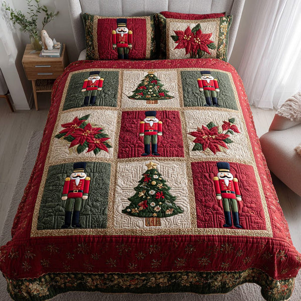 Festive Sentinel quilted 3-piece bedding set on a made bed in a winter-styled bedroom