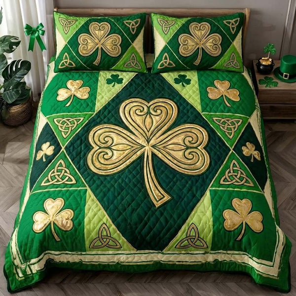 Festive Shamrock quilted 3-piece bedding set on a made bed in a winter-styled bedroom