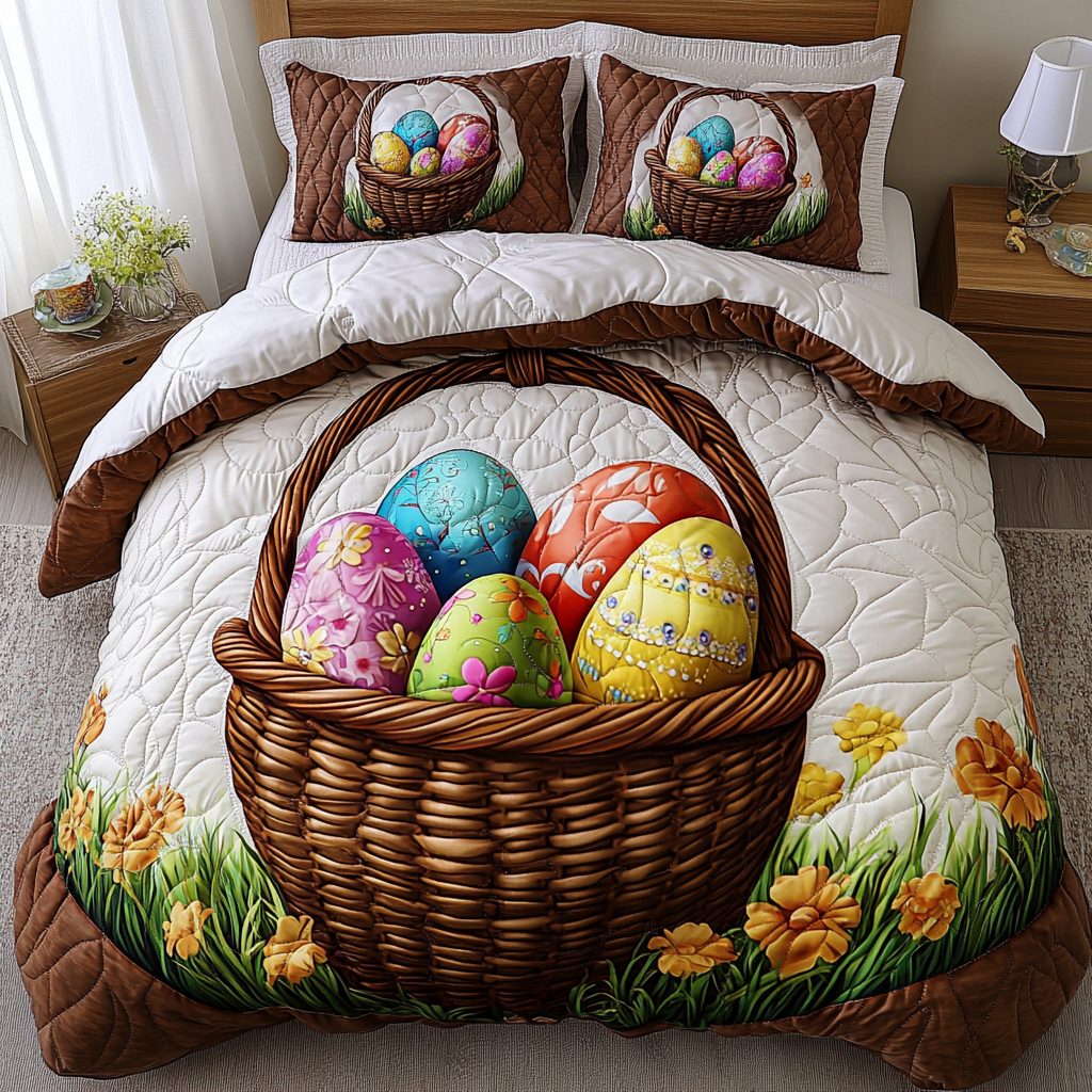 Festive Shells quilted 3-piece bedding set on a made bed in a winter-styled bedroom