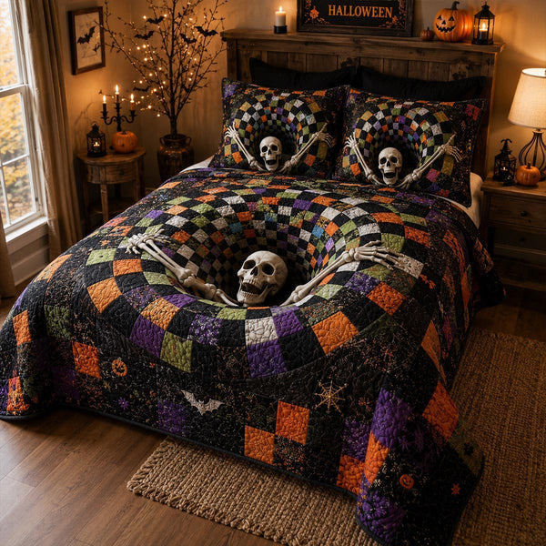 Festive Skeleton quilted 3-piece bedding set on a made bed in a winter-styled bedroom