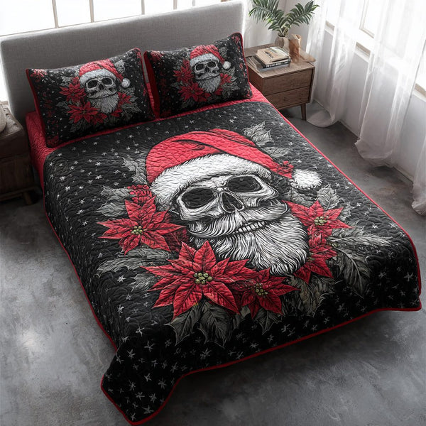 Festive Skull Beard quilted 3-piece bedding set on a made bed in a winter-styled bedroom