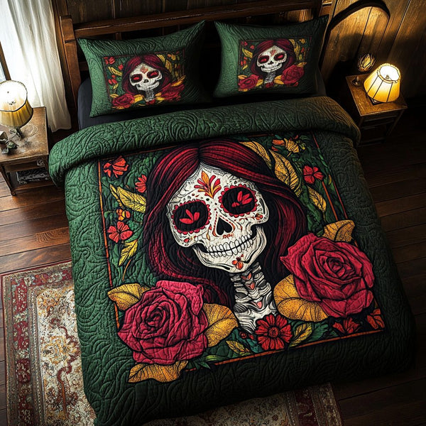 Festive Skull Flowers quilted 3-piece bedding set on a made bed in a winter-styled bedroom